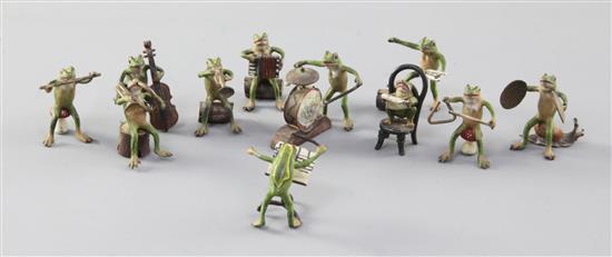 An Austrian eleven piece cold painted bronze miniature frog orchestra, height 1in.